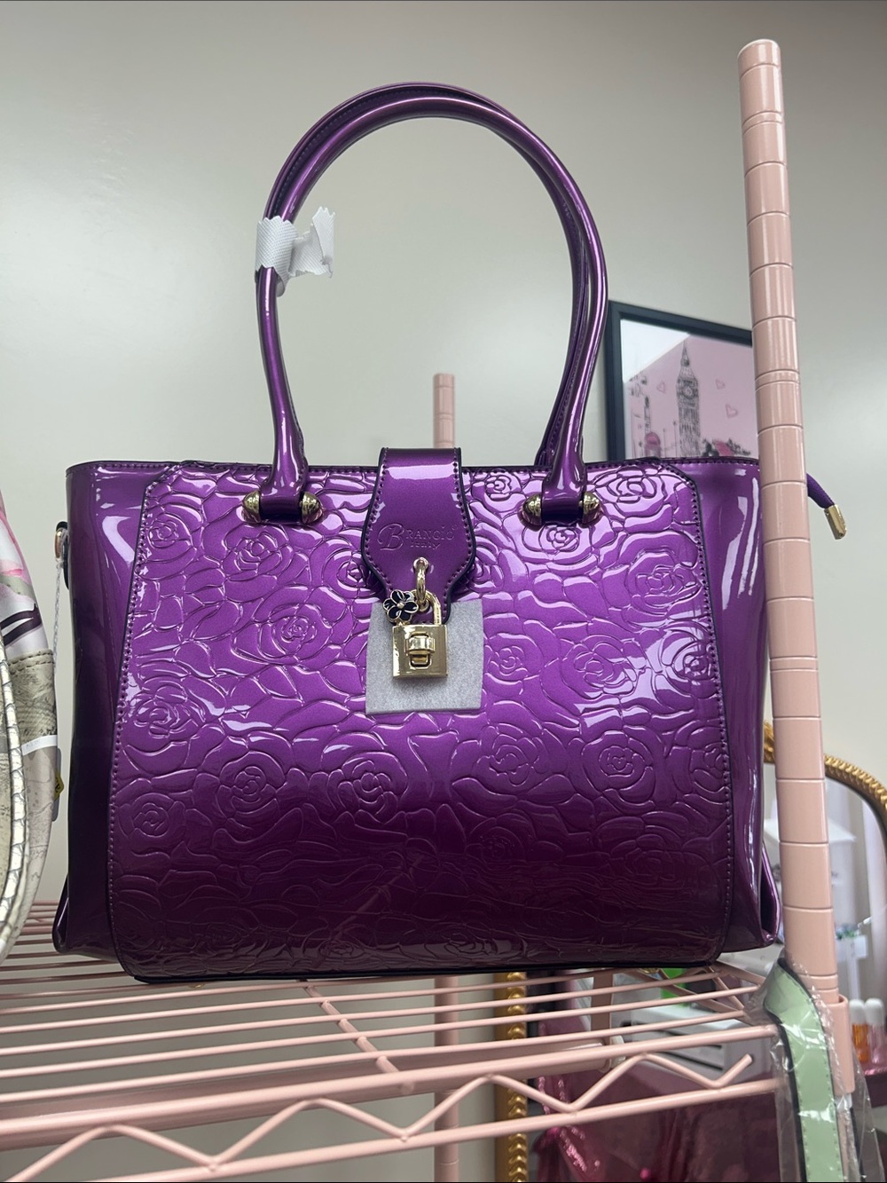 Purple Embossed Patent Top-Handle Tote